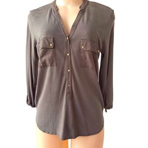 Massimo Dutti Blouse Womens M Gray Henley Utility Pocket Roll Tab Sleeve Top